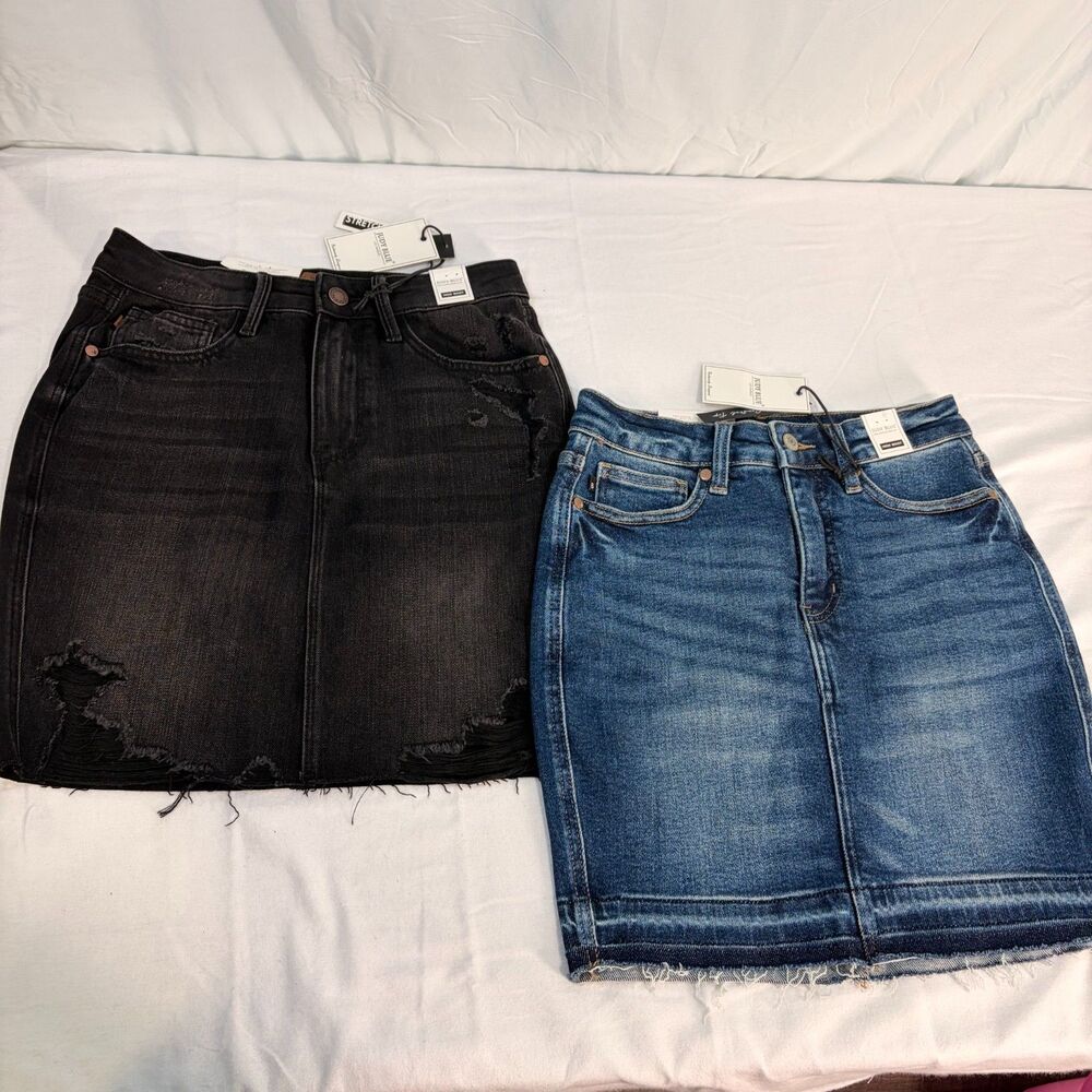 NWT 2 Judy Blue High Waist Raw Hem Blue Denim Skirts Size S Style JB2820 DK